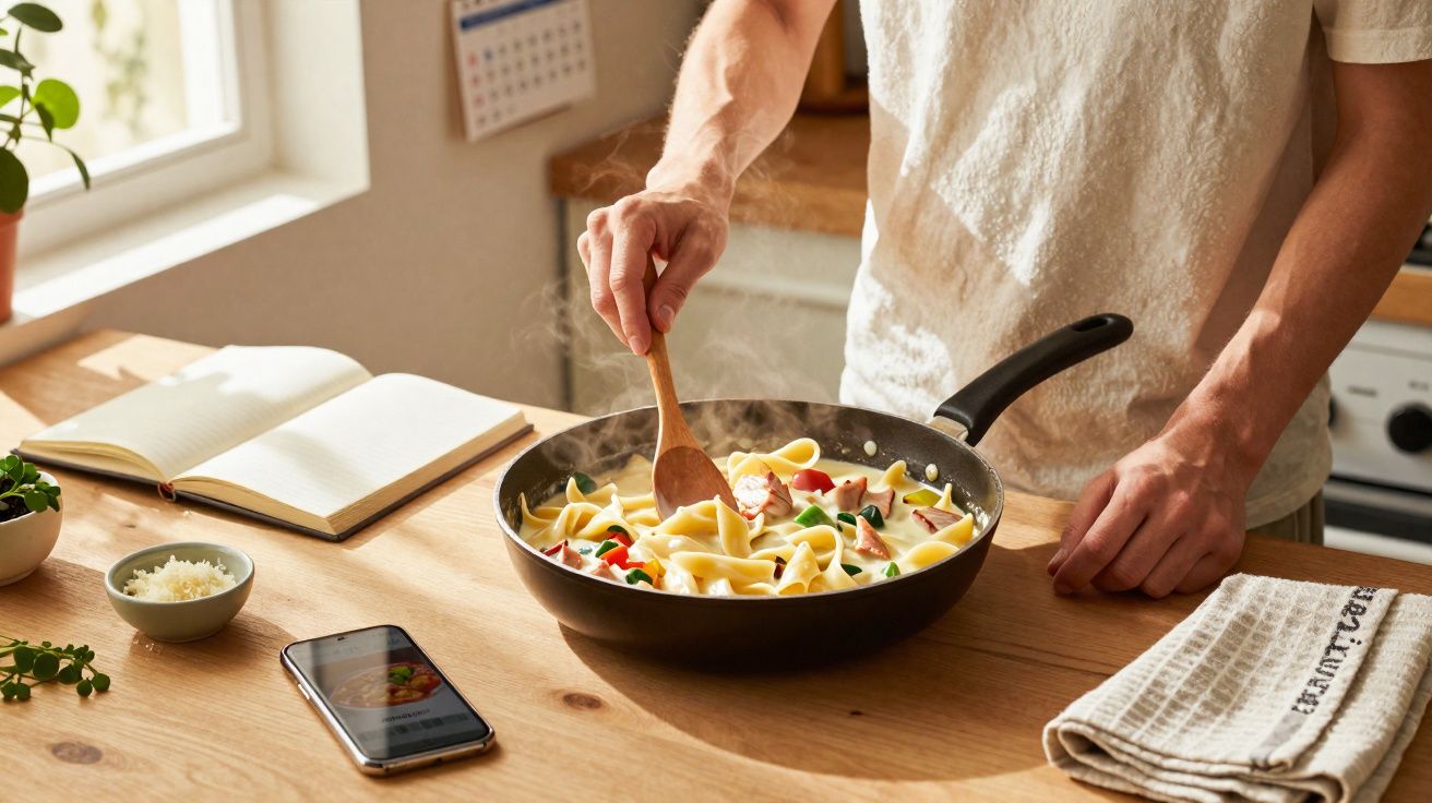 Pessoa a mexer massa com legumes e fiambre numa frigideira numa cozinha iluminada e organizada.