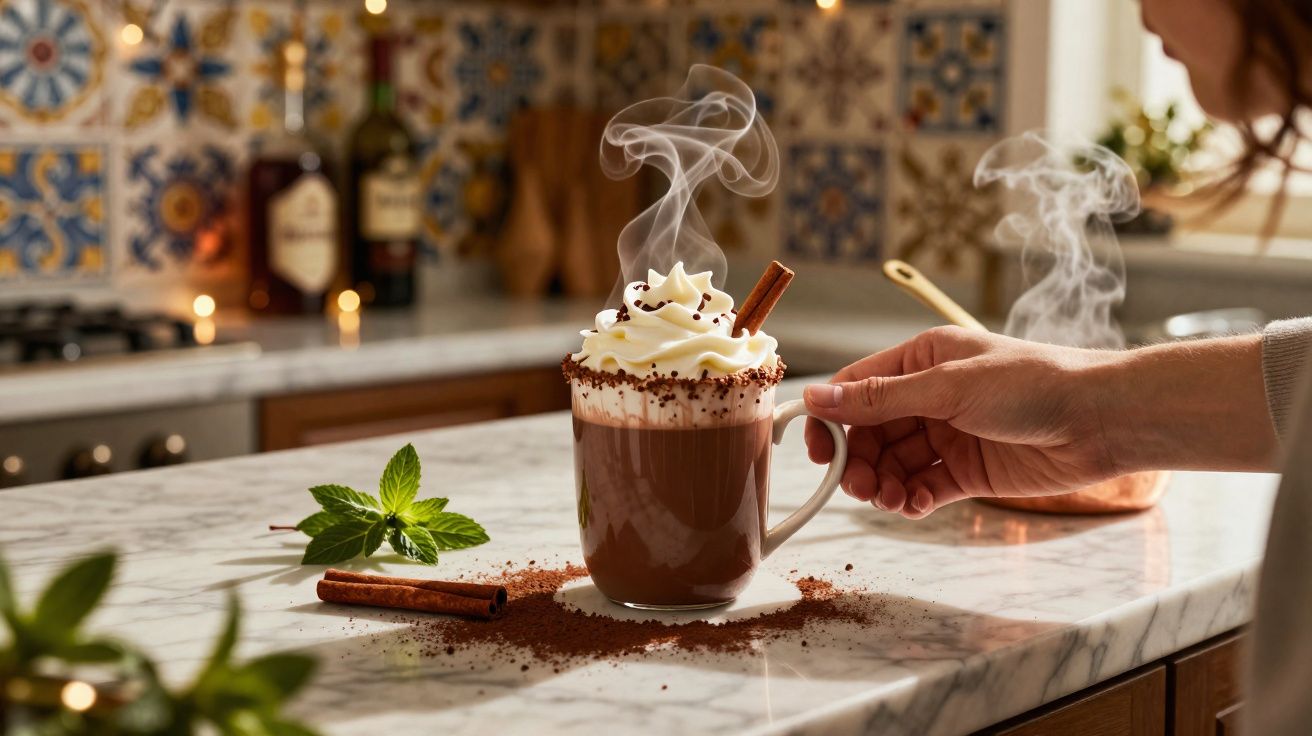 Mão a segurar chávena de chocolate quente com chantilly, canela e especiarias numa cozinha iluminada.