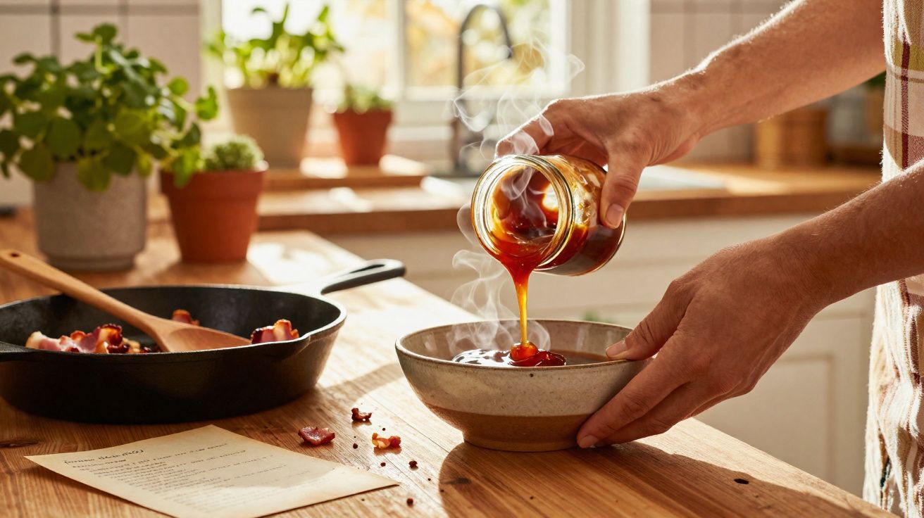 Mãos a verter molho quente de frasco para taça na cozinha com frigideira, folhas e luz natural ao fundo.