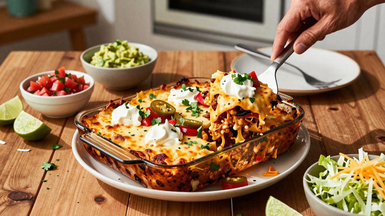 Assado de massa com queijo, molho, guacamole e salsa, sendo servido numa mesa de madeira.