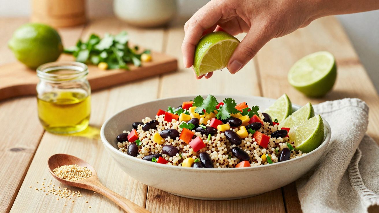 Salada de quinoa com feijão, milho, pimentos e coentros, com mão a espremer lima por cima.