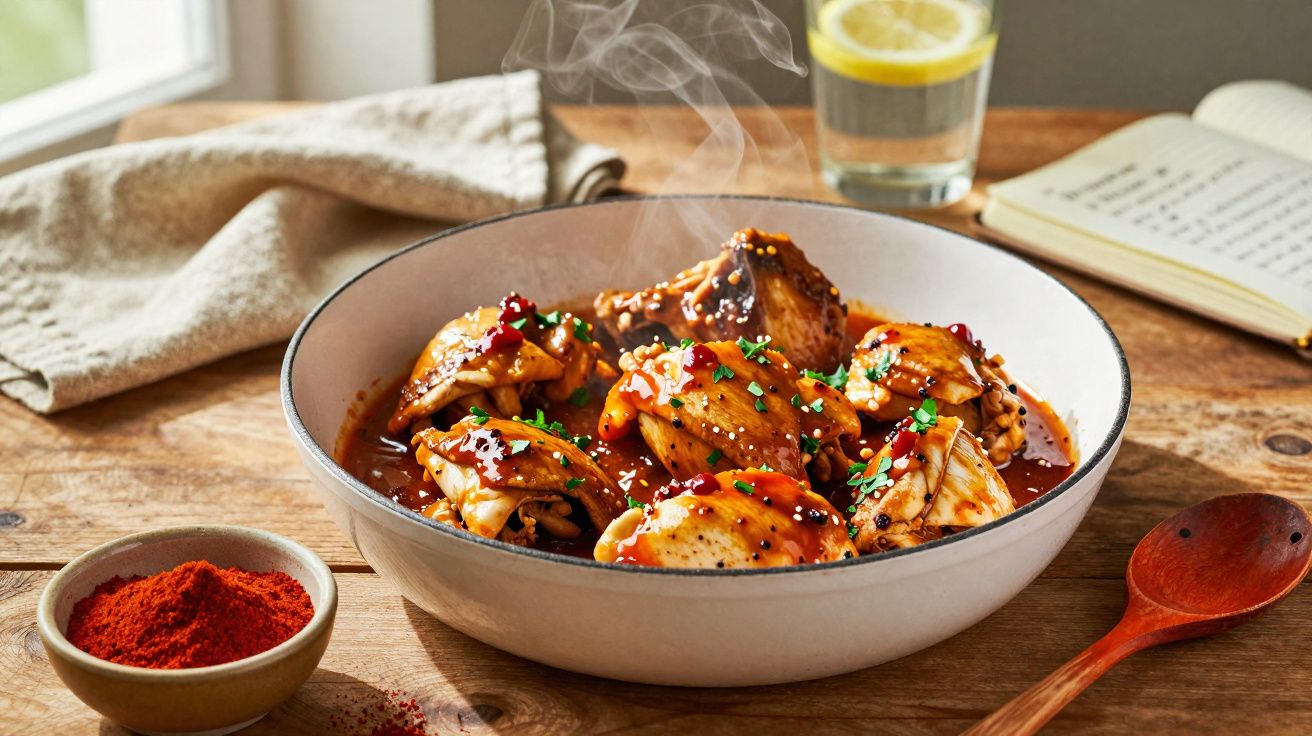 Prato de frango estufado com molho vermelho, servido numa taça branca numa mesa de madeira.