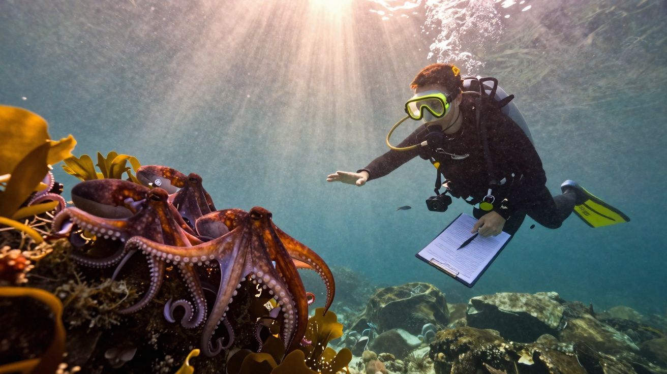 Mergulhador a fazer observação de polvos num recife subaquático, com luz solar a iluminar a cena.