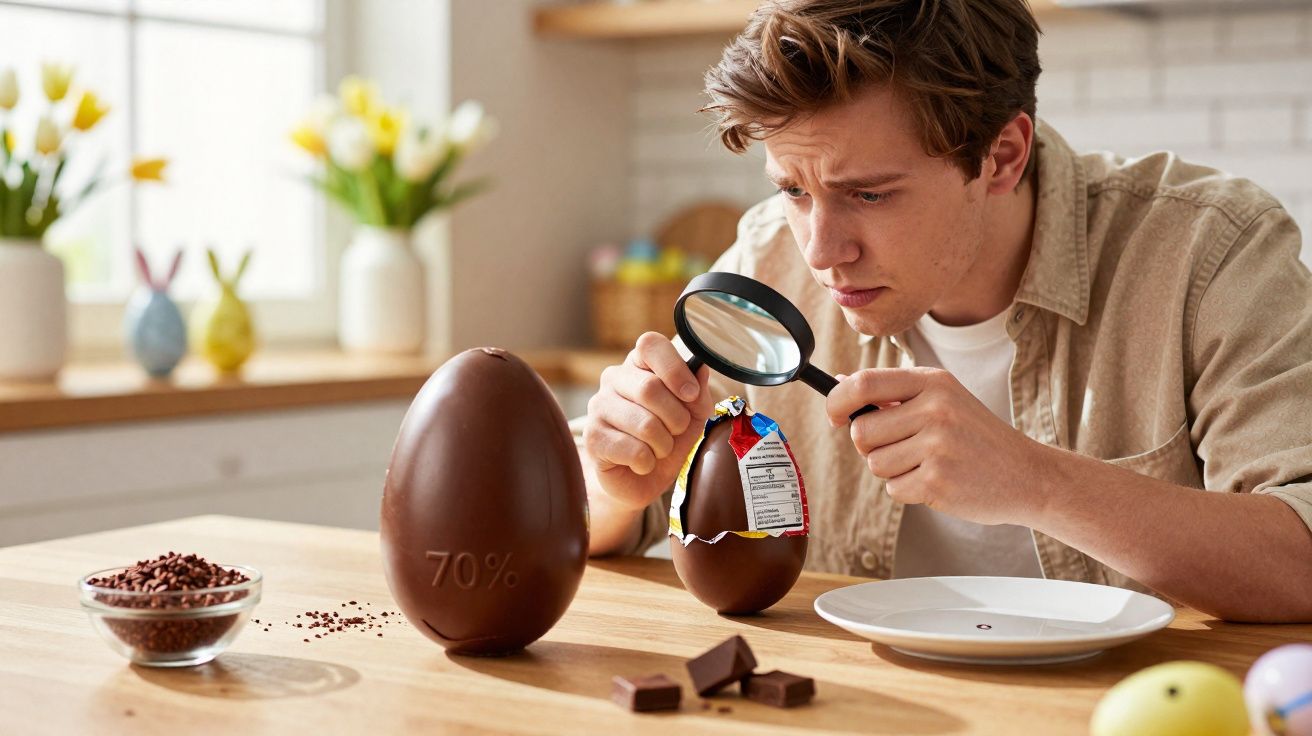 Homem examina ovo de chocolate com lupa numa cozinha iluminada, com pedaços de chocolate e taça ao lado.