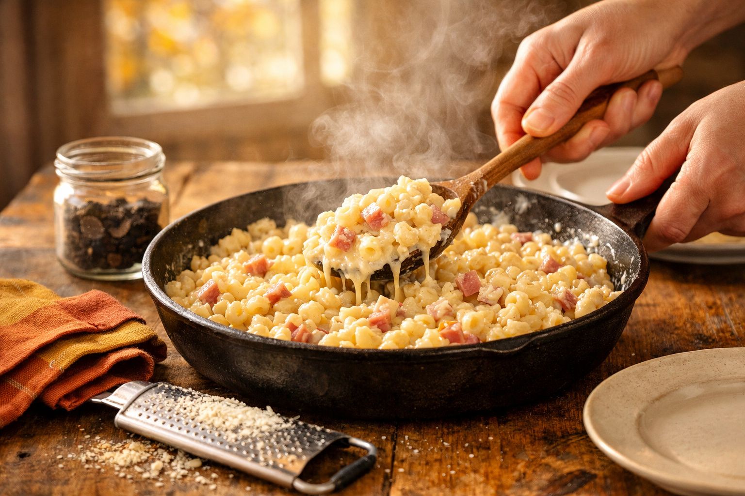 Mãos servem nhoque com molho cremoso e pedaços de fiambre numa frigideira preta, em mesa de madeira rústica.