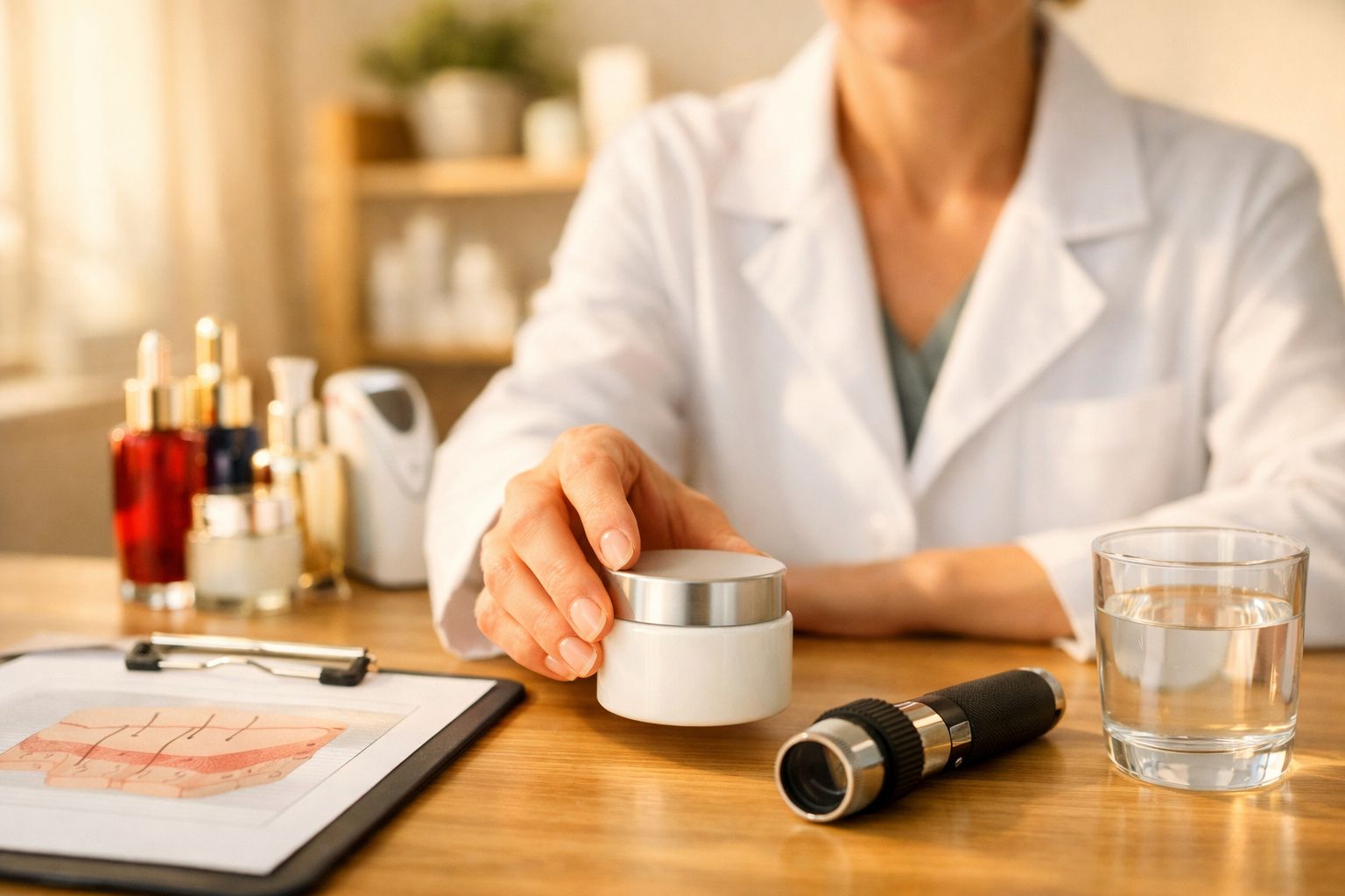 Especialista em dermatologia segurando frasco de creme numa mesa com instrumentos médicos e frascos de cosméticos.