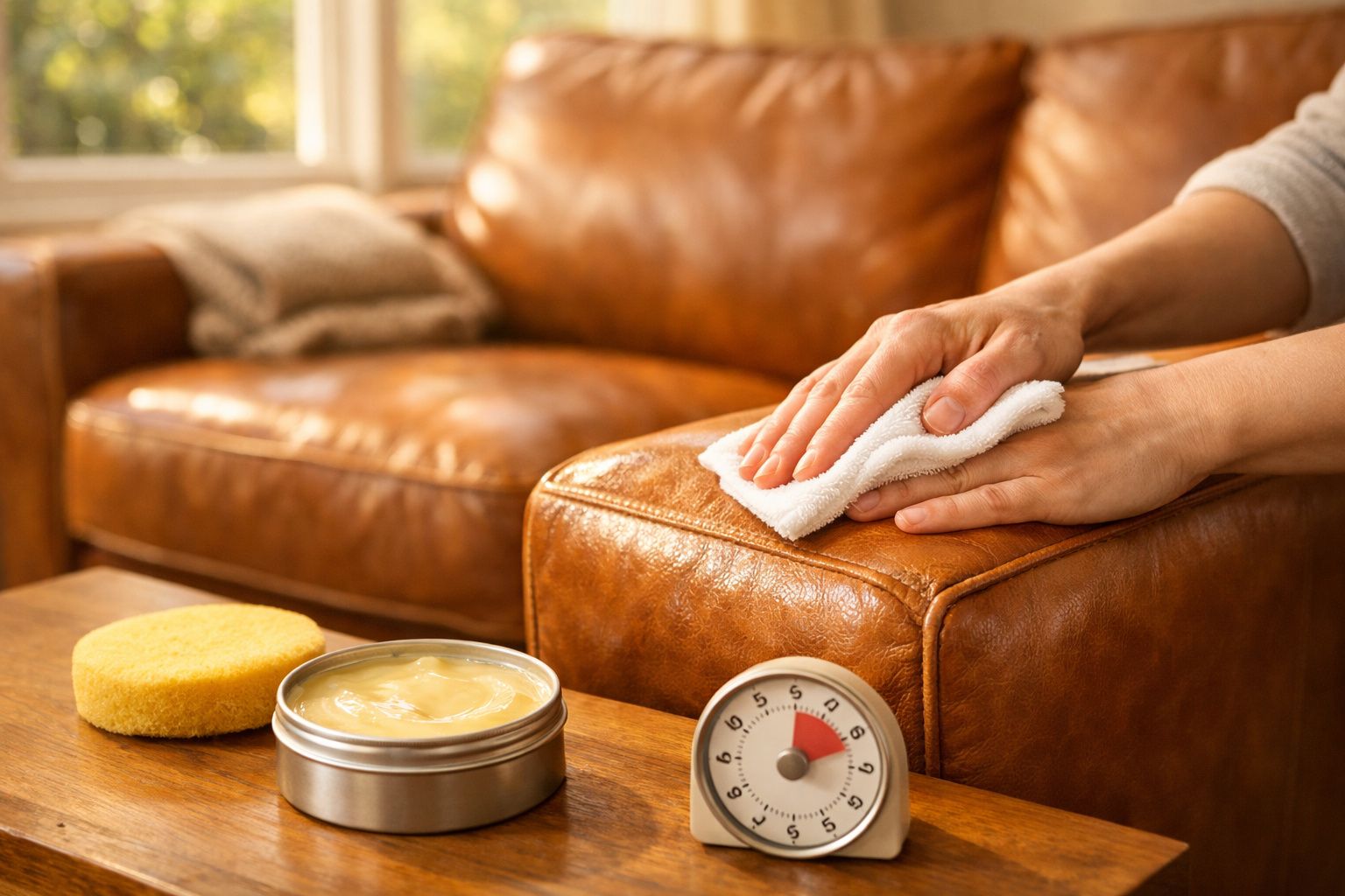 Mãos a limpar e cuidar de um sofá de couro castanho com creme num pano branco.
