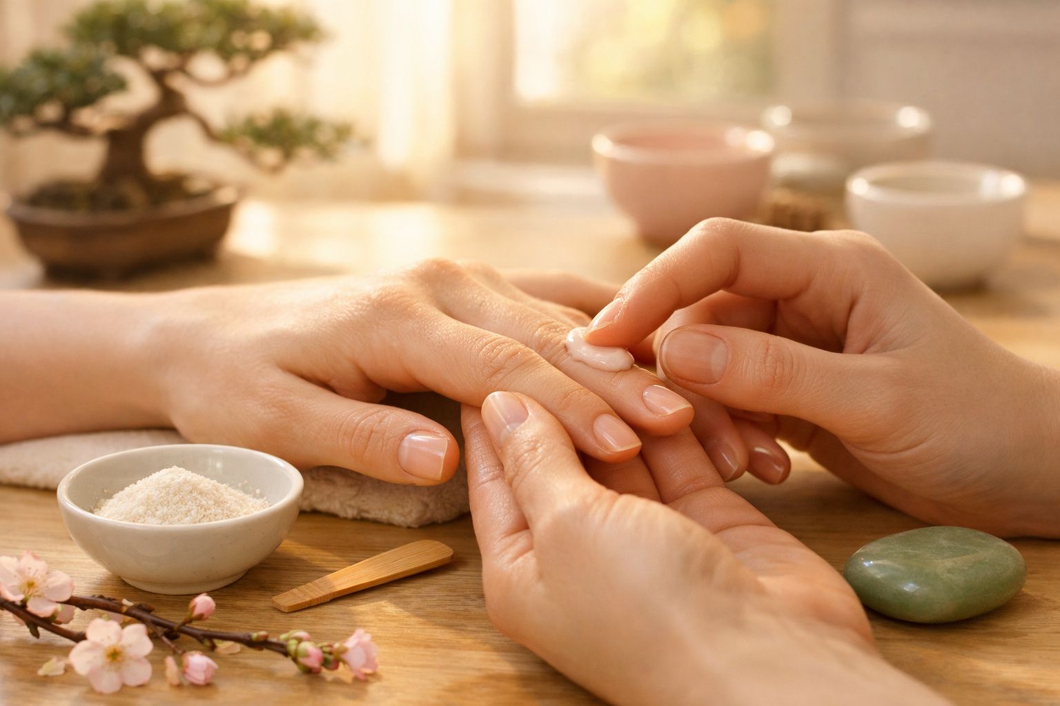 Pessoa a cuidar das unhas numa manicure, num ambiente relaxante com objetos de spa ao fundo.