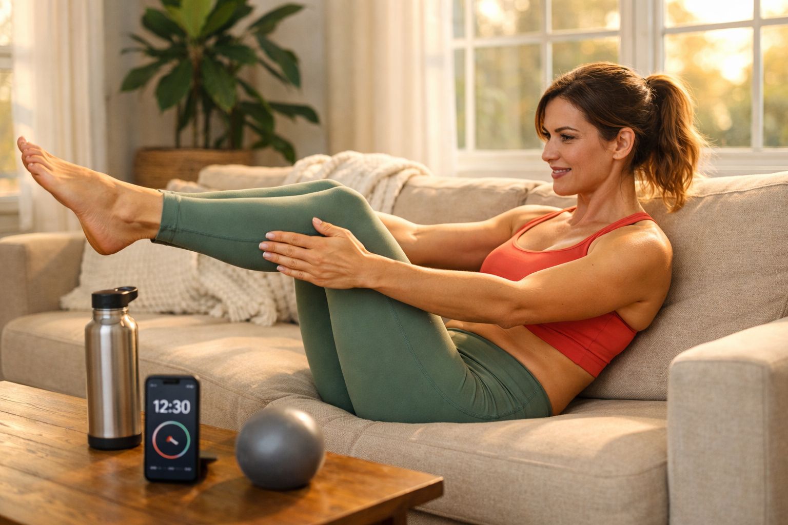 Mulher a fazer exercício de pilates no sofá em sala iluminada, com garrafa, telemóvel e bola de exercício à frente.
