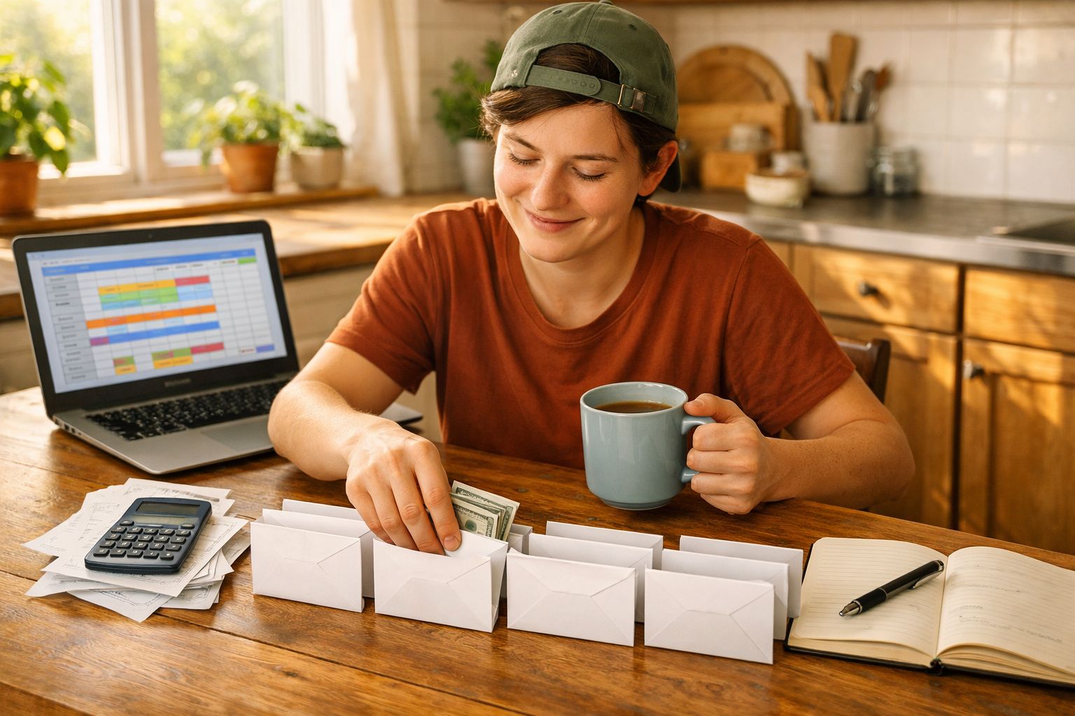Pessoa com boné a organizar envelopes e dinheiro numa mesa com computador e caderno numa cozinha iluminada.