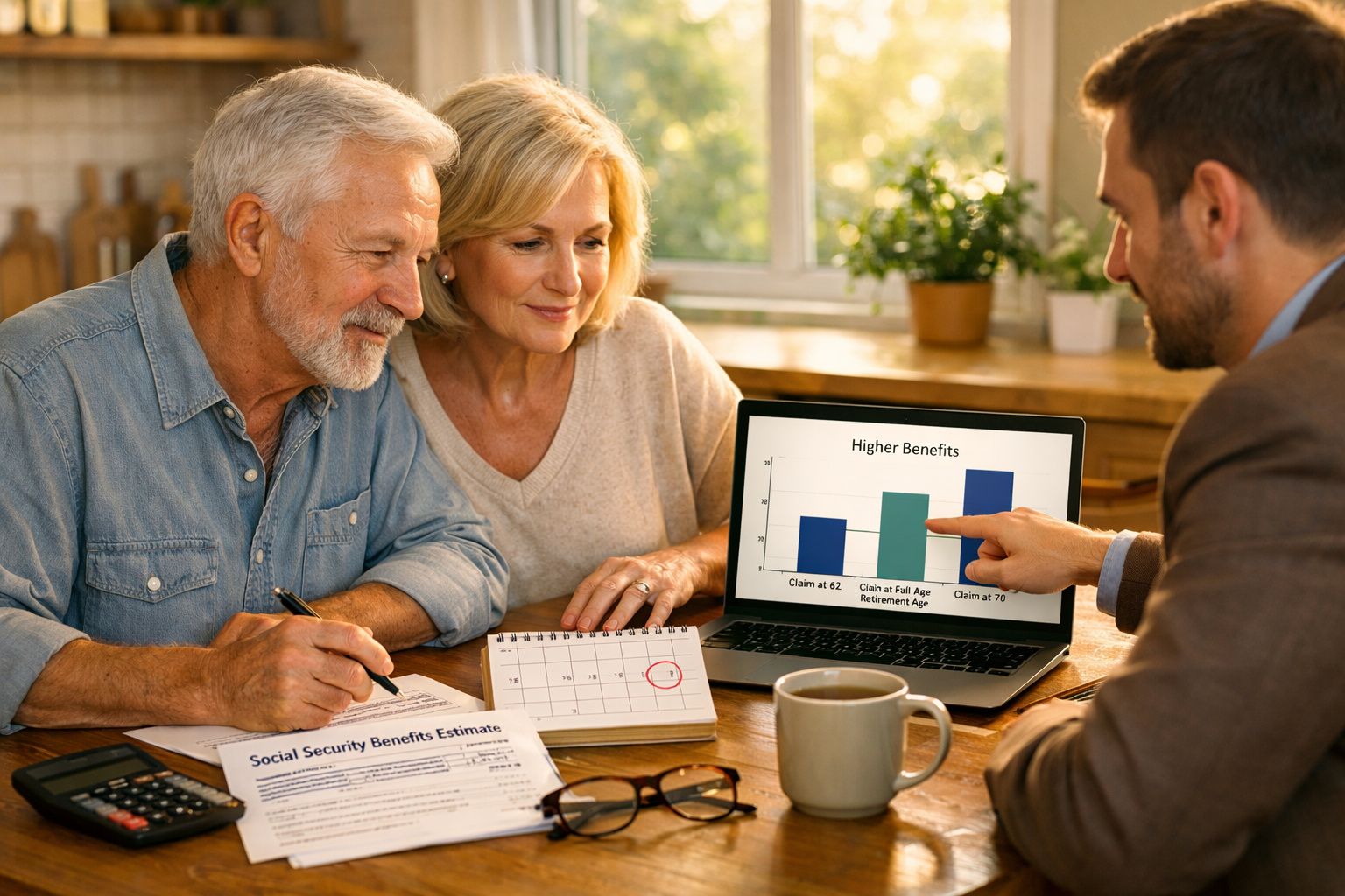 Casal sénior a analisar gráficos de benefícios de segurança social com consultor numa cozinha acolhedora.