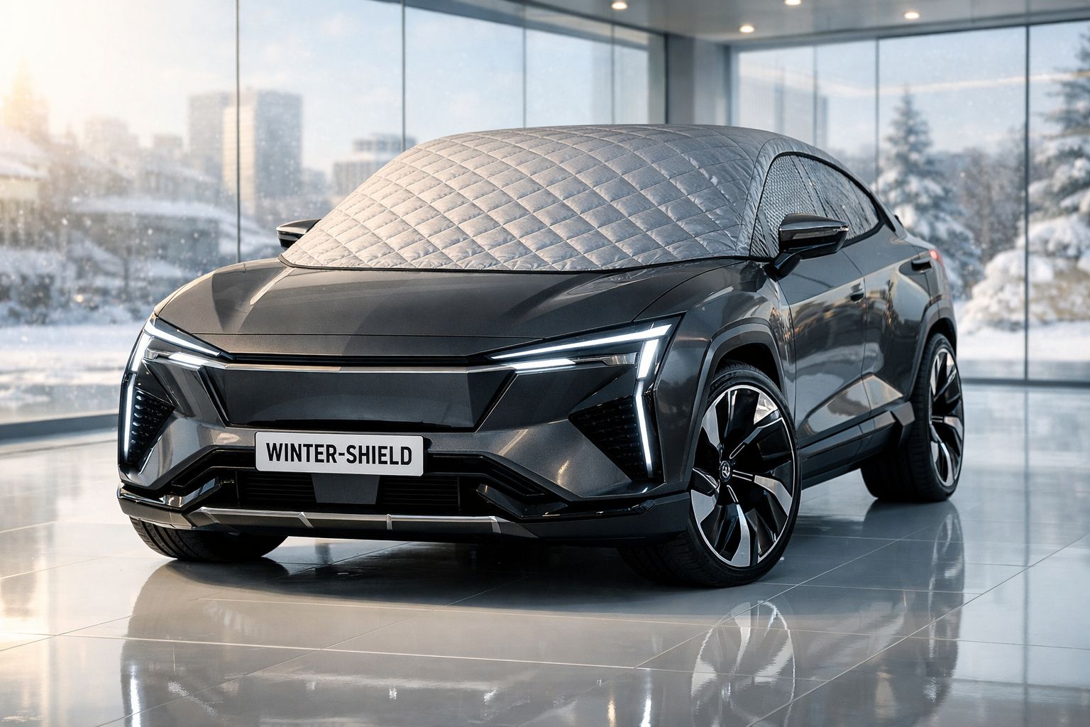 Carro elétrico preto em exposição com cobertura térmica no para-brisas em ambiente urbano com neve.