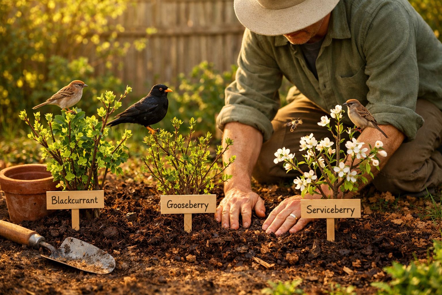 Homem a plantar arbustos de groselha com pardais e melro no jardim ensolarado.