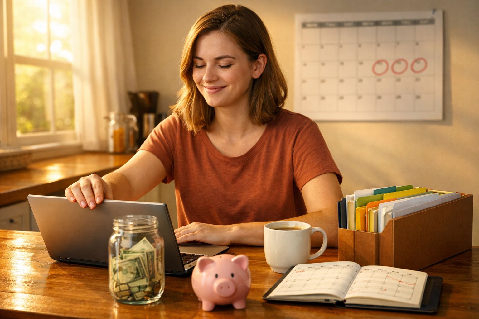 Mulher sorridente sentada à mesa a usar laptop, com mealheiro, jarro de dinheiro e agenda organizadora.