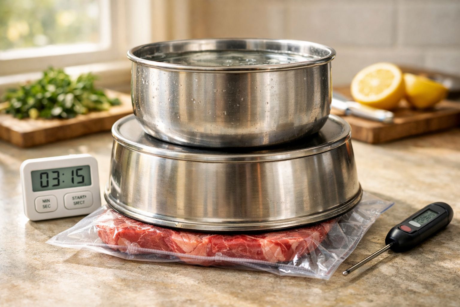 Carnes em saco selado a ser descongeladas com prato, tigela de água, termómetro e temporizador digital na cozinha.