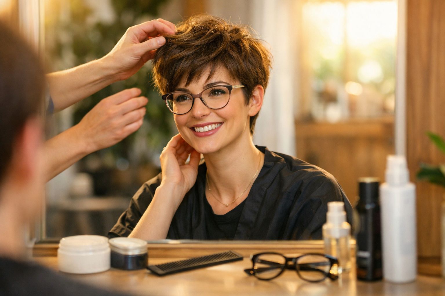Mulher sorridente com cabelo curto e óculos a ser penteada num cabeleireiro.
