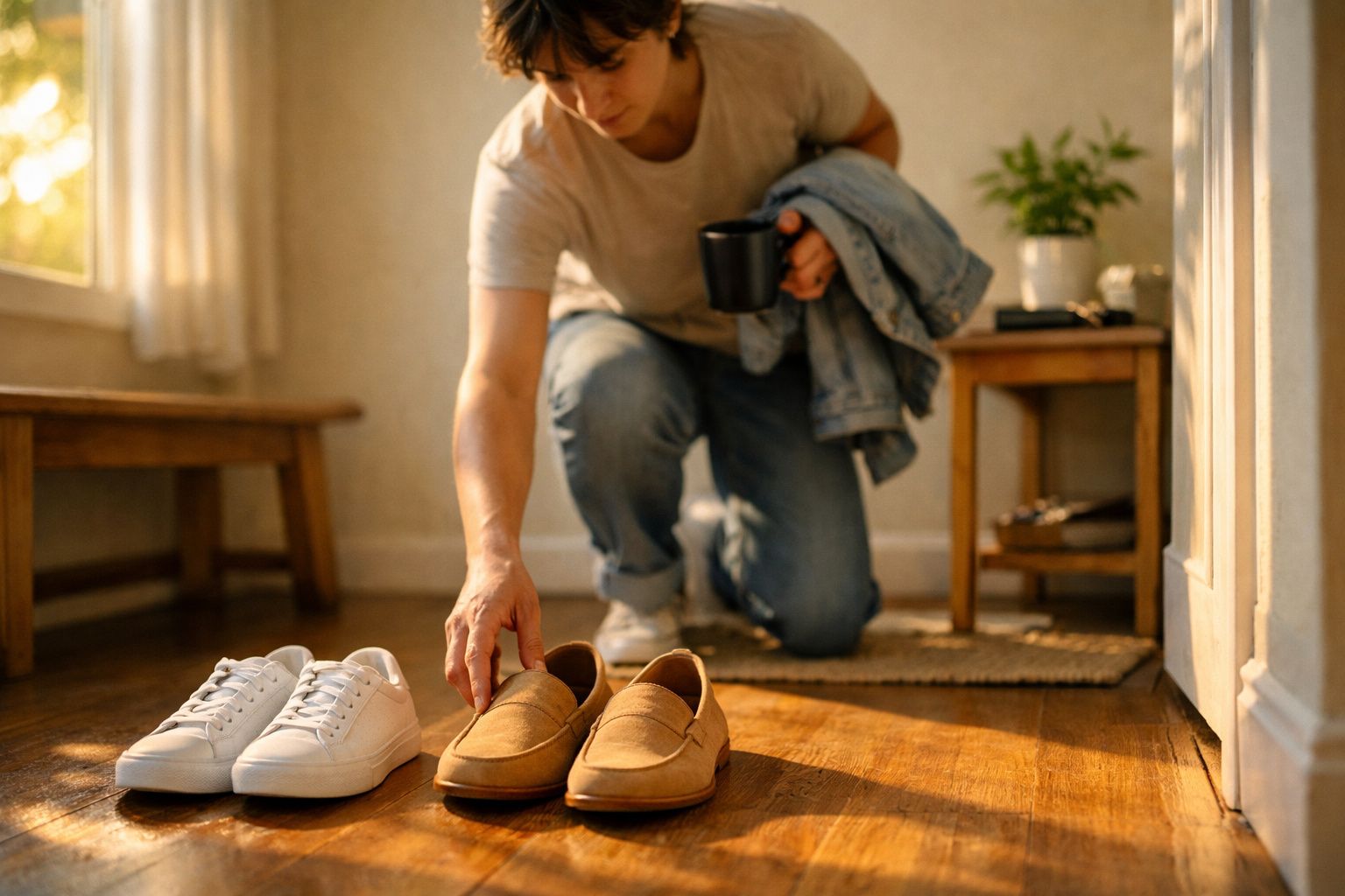 Pessoa agachada a apanhar sapatos castanhos, segurando uma caneca e uma peça de roupa num ambiente iluminado.