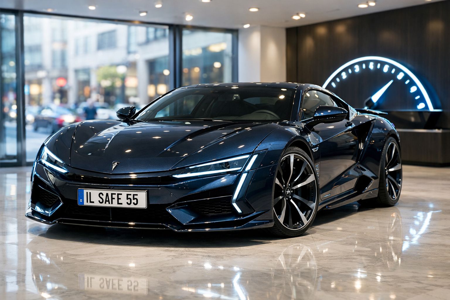 Carro desportivo elétrico moderno, cor preta, em exposição interior com iluminação refletida no corpo.