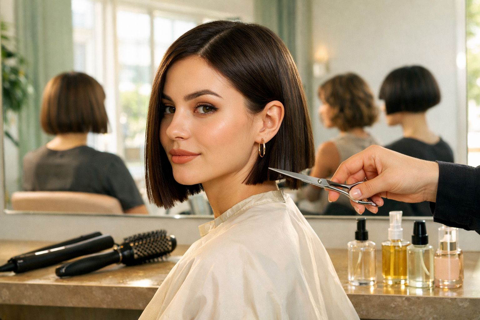 Mulher com cabelo castanho curto a ser cortado num salão de cabeleireiro, com espelho ao fundo.