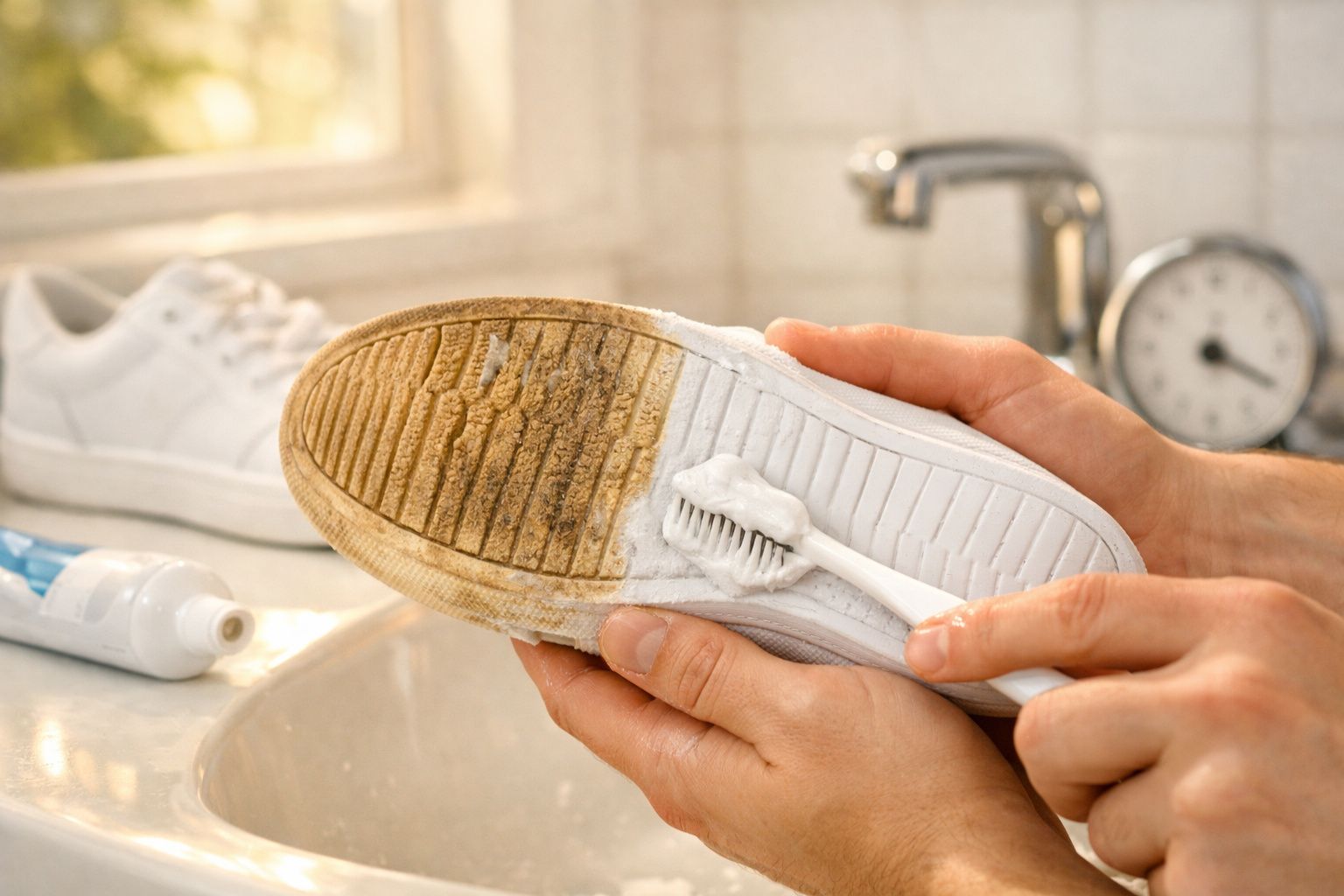 Pessoa a limpar a sola suja de um ténis branco com escova e pasta de limpeza no lavatório.