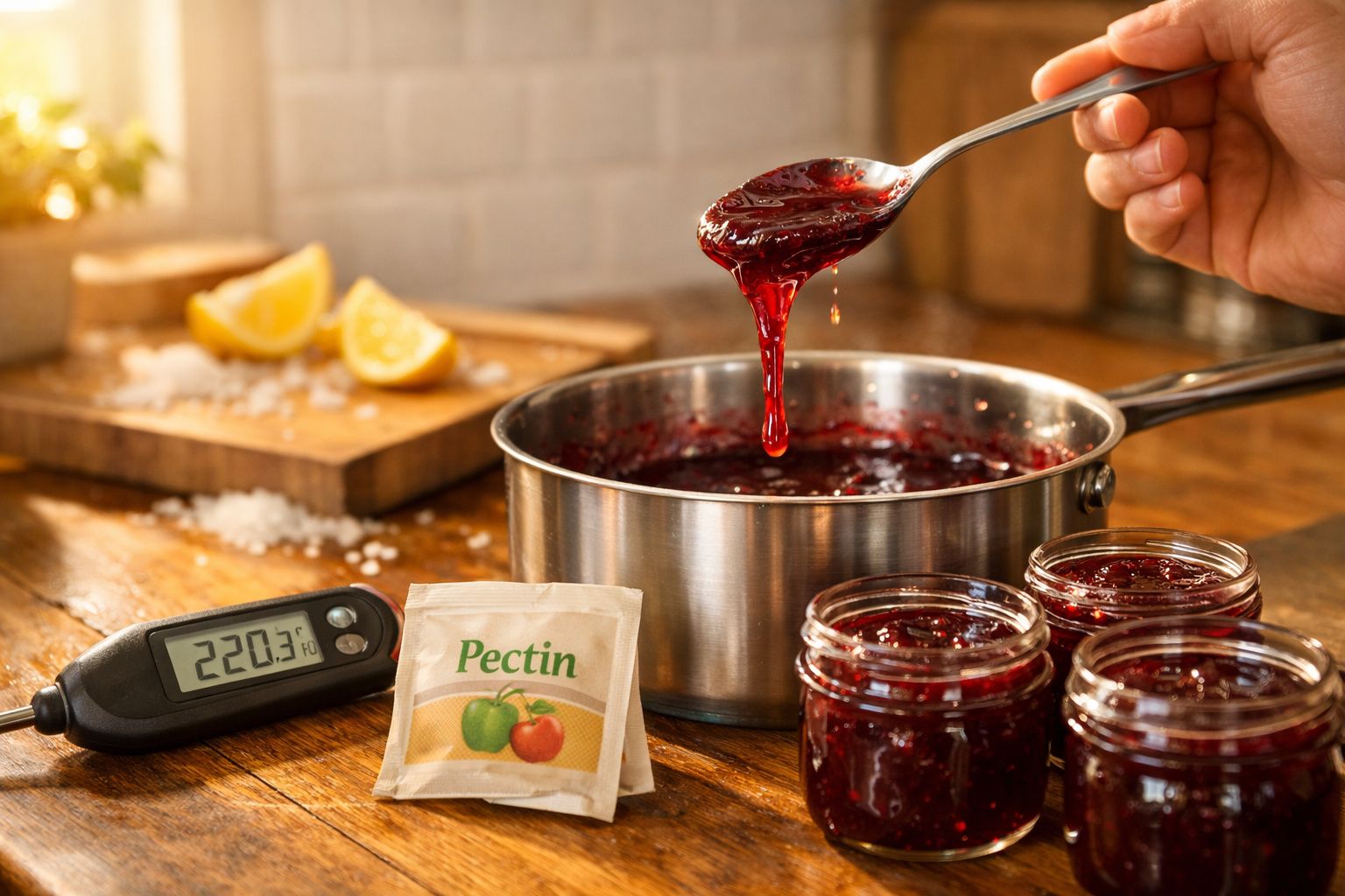 Panela com doce vermelho a ser cozinhado, medidor de temperatura, pacote de pectina e frascos cheios na bancada.