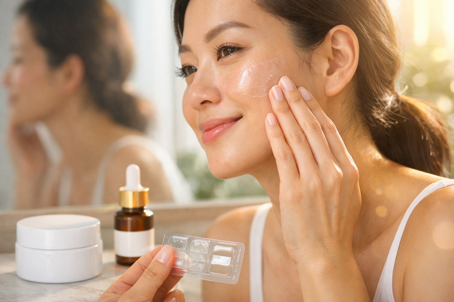 Mulher asiática sorri enquanto aplica creme facial num ambiente iluminado e acolhedor.