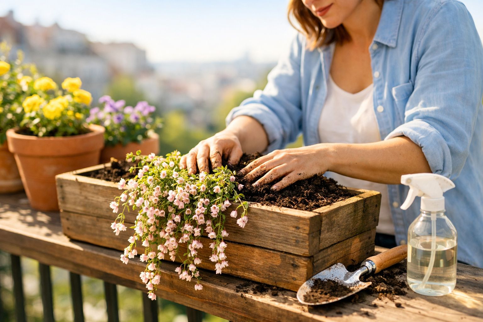 Pessoa a plantar flores cor-de-rosa numa caixa de madeira com terra, ao ar livre num espaço urbano.