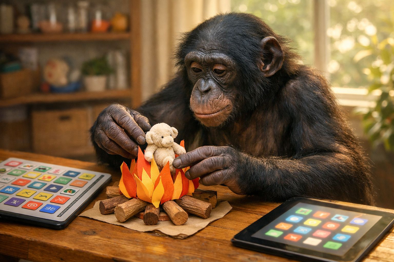 Chimpanzé a brincar com um ursinho de peluche junto a uma fogueira de papel, rodeado por tablets.