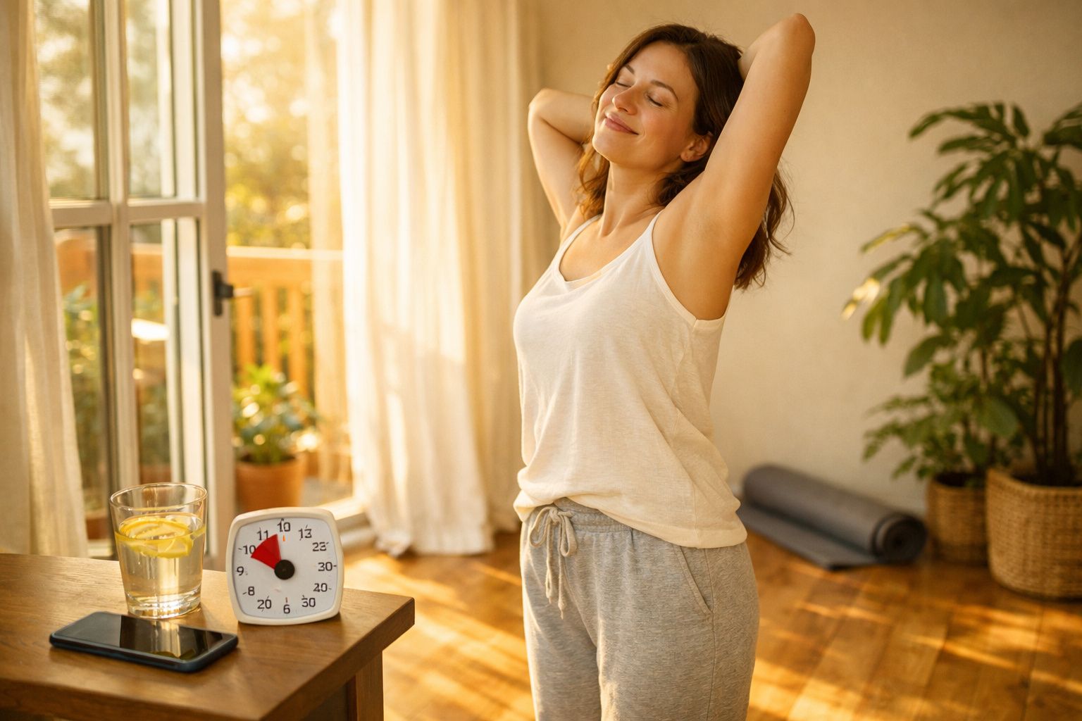 Mulher descontraída a espreguiçar-se num quarto com luz natural, relógio, copo de água e plantas.