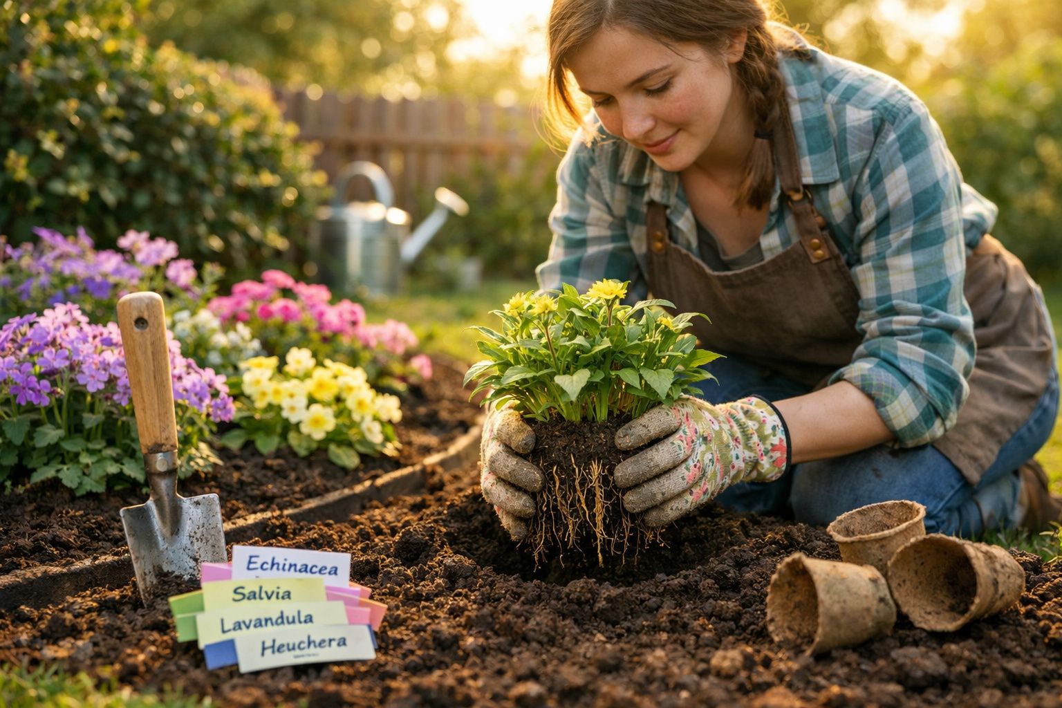 Mulher a plantar flor com luvas no jardim, com várias flores e etiquetas de plantas ao lado.