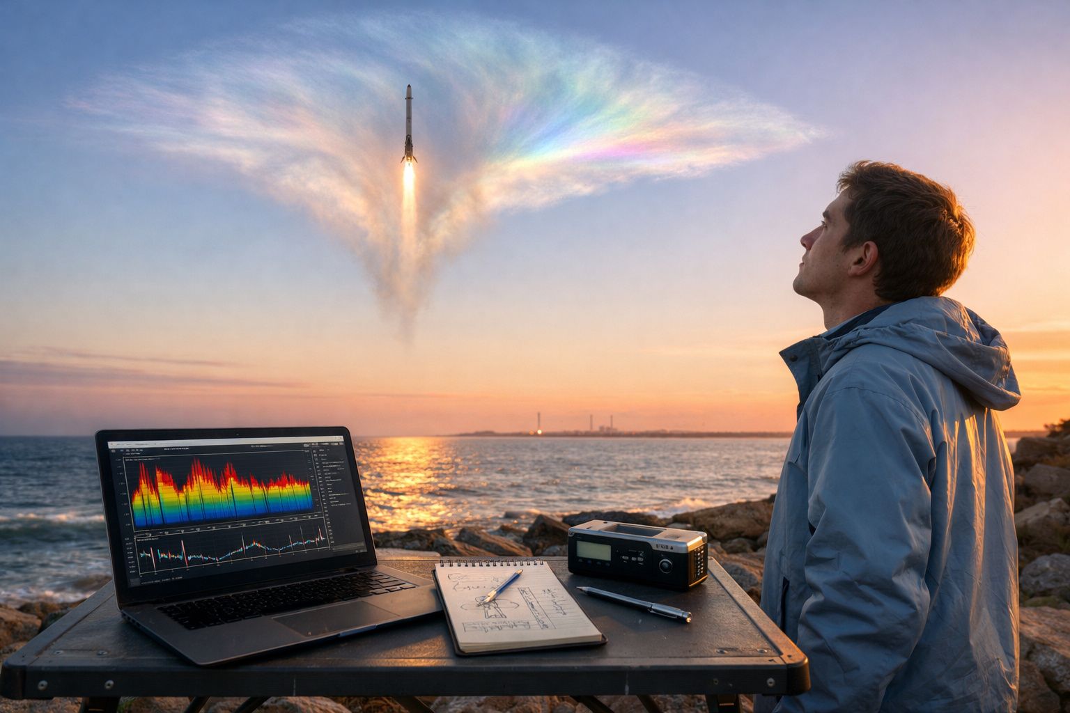 Homem observa lançamento de foguetão junto ao mar, com portátil e caderno numa mesa ao pôr do sol.