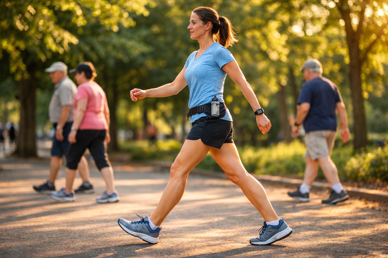 Mulher a caminhar rapidamente num parque ao nascer do sol, com outras pessoas ao fundo.