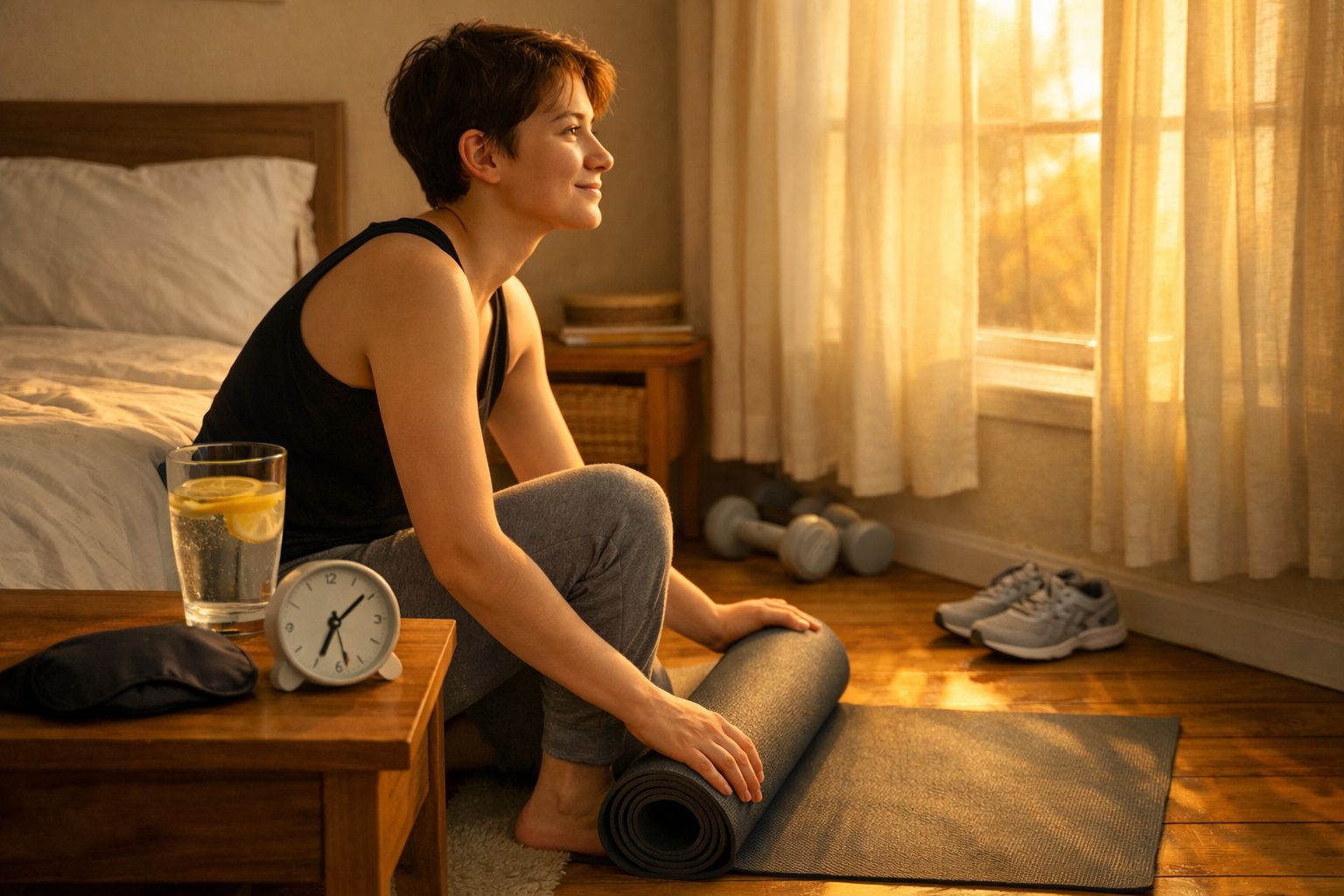 Mulher sentada no chão a enrolar tapete de yoga numa sala iluminada pelo sol da manhã.