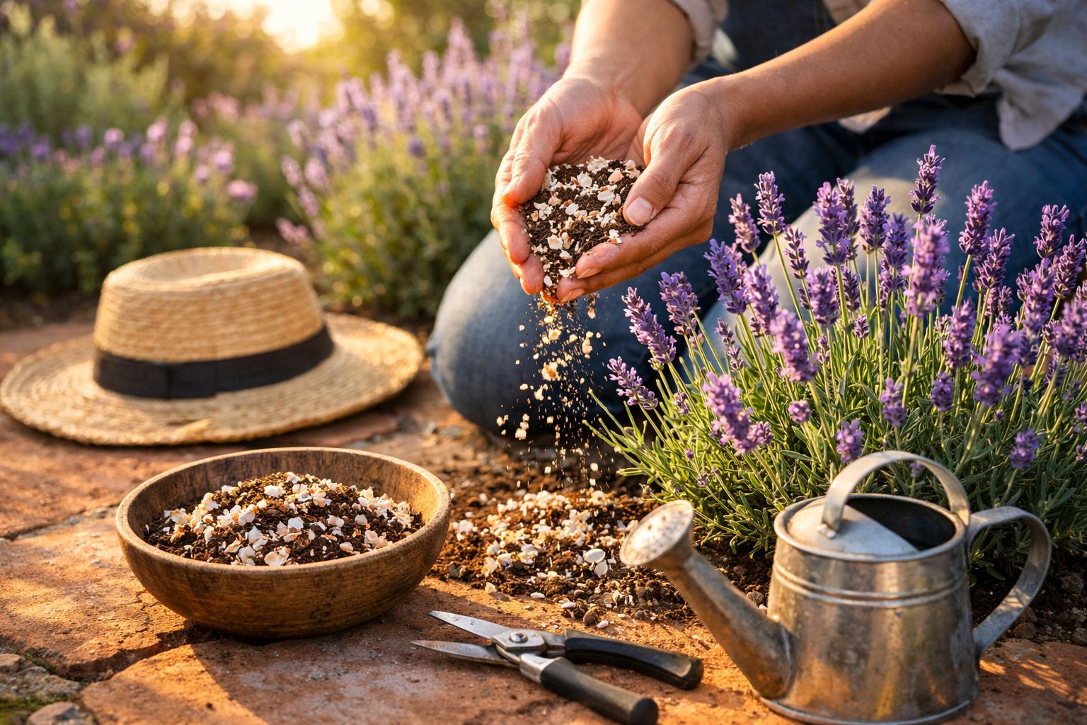 Mãos a deitar terra em vaso junto a flores de lavanda, regador, tesoura e um chapéu de palha no chão.