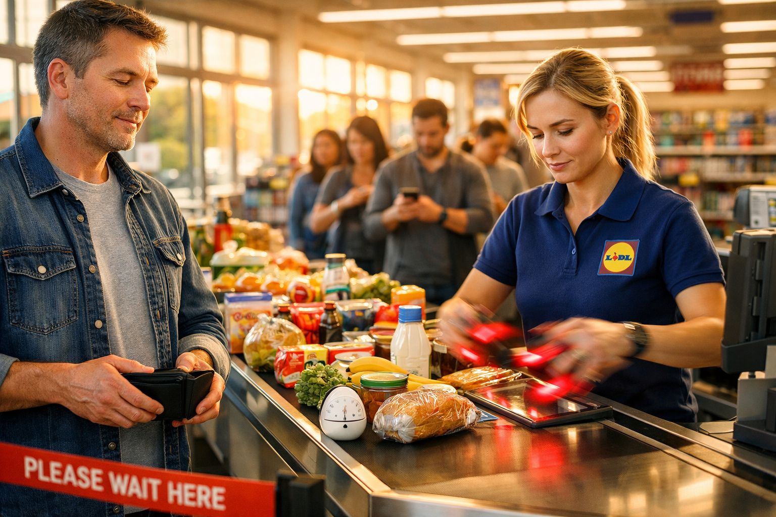 Funcionária de supermercado a passar artigos no caixa com cliente a pagar e fila ao fundo.