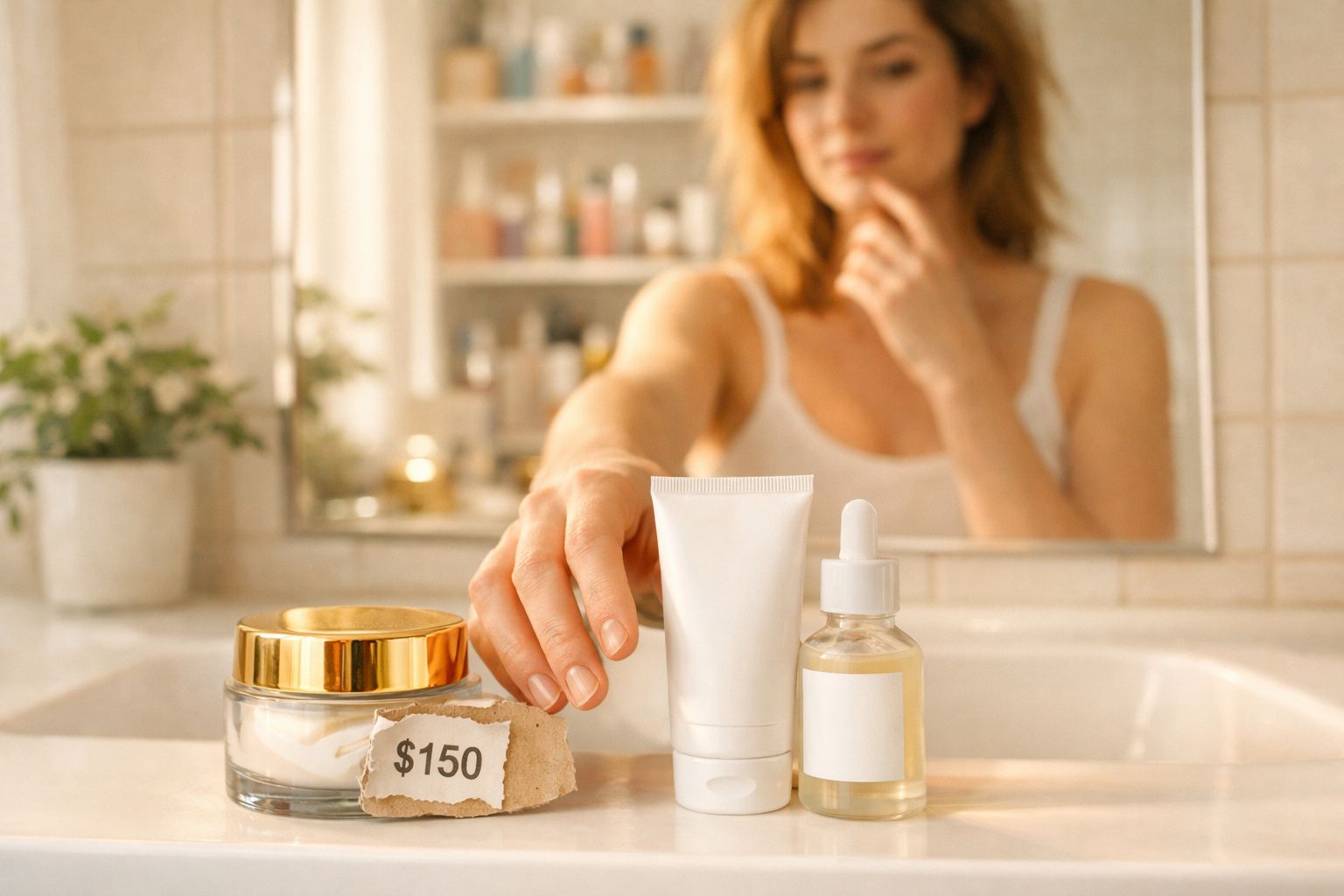 Mulher à frente do espelho preparando rotina de cuidados com pele com cremes e sérum no lavatório.