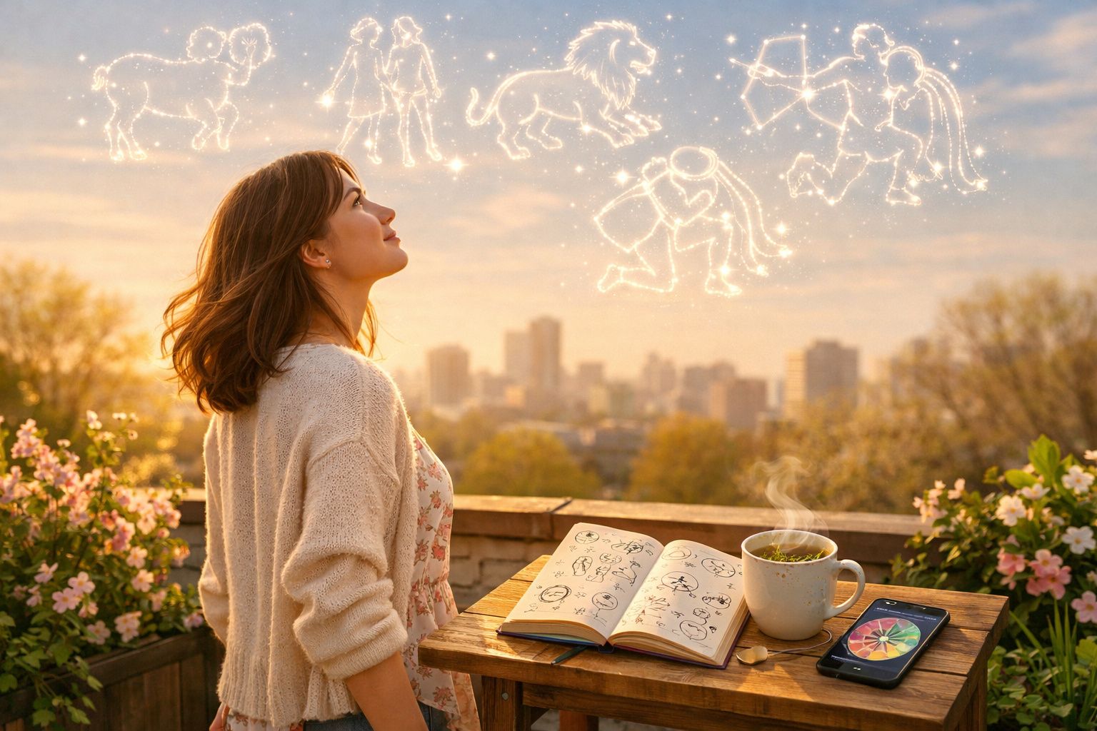 Mulher observa constelações zodiacais brilhantes no céu ao entardecer, com livro, chá e smartphone numa mesa.
