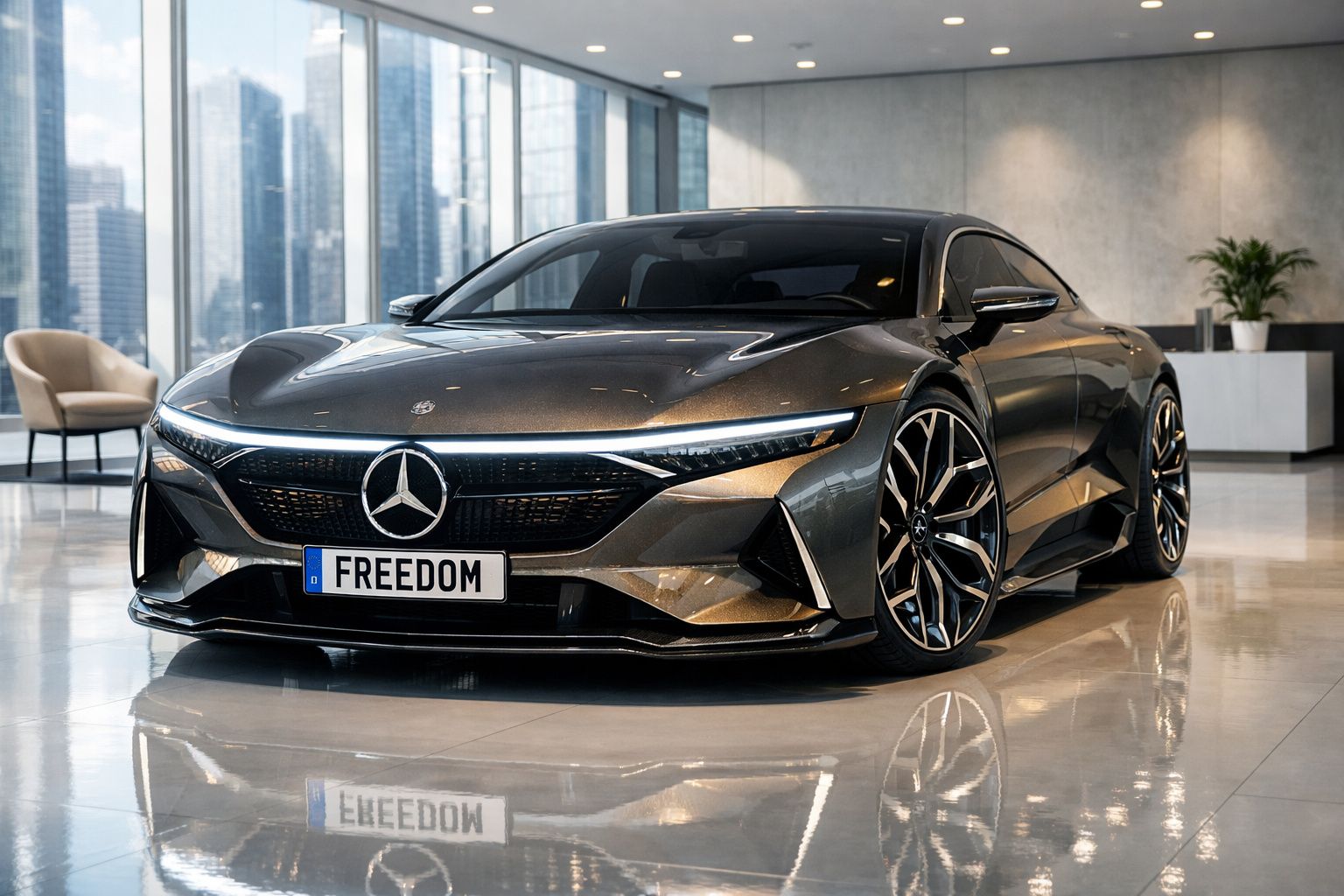 Carro desportivo elétrico Mercedes-Benz cinza escuro estacionado em interior moderno com janelas panorâmicas.
